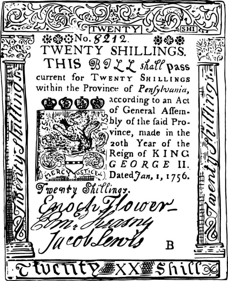 papel dinero, veinte chelines factura, 1756 Clásico ilustración. vector