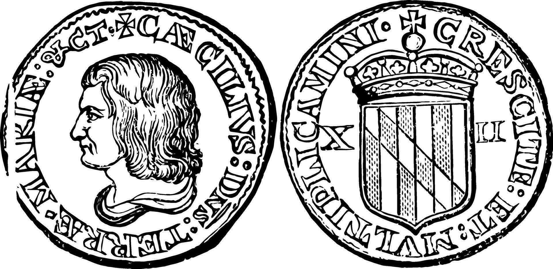 plata Maryland xi peniques moneda, 1659 Clásico ilustración. vector