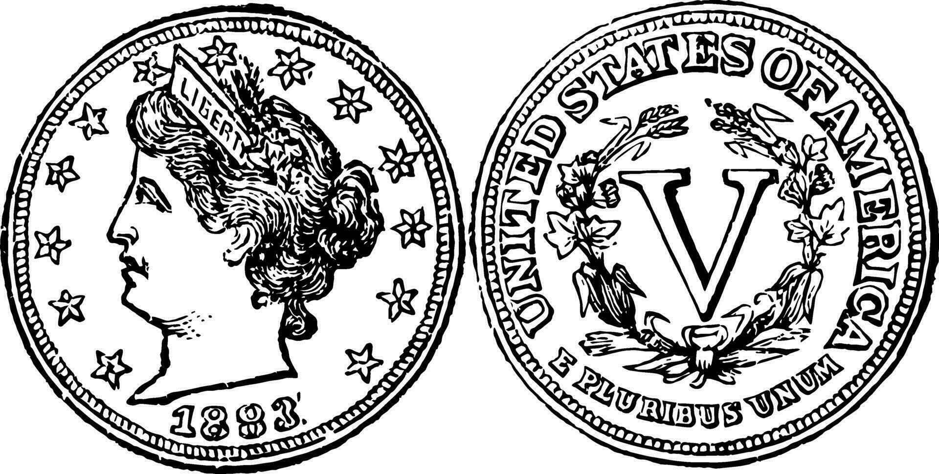 Copper-Nickel Five Cent Coin, 1883 vintage illustration. vector