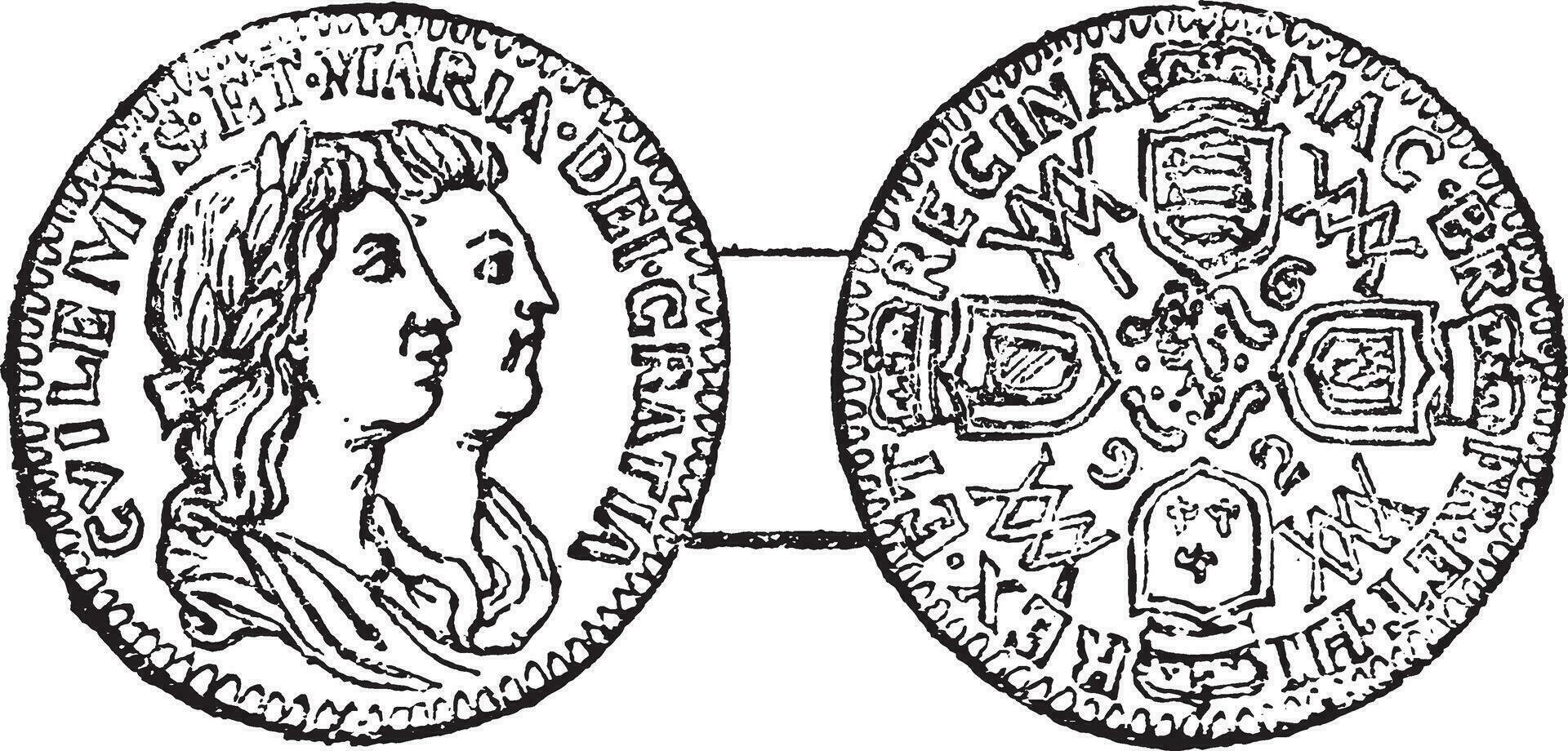 Coin of William and Mary, vintage illustration. vector