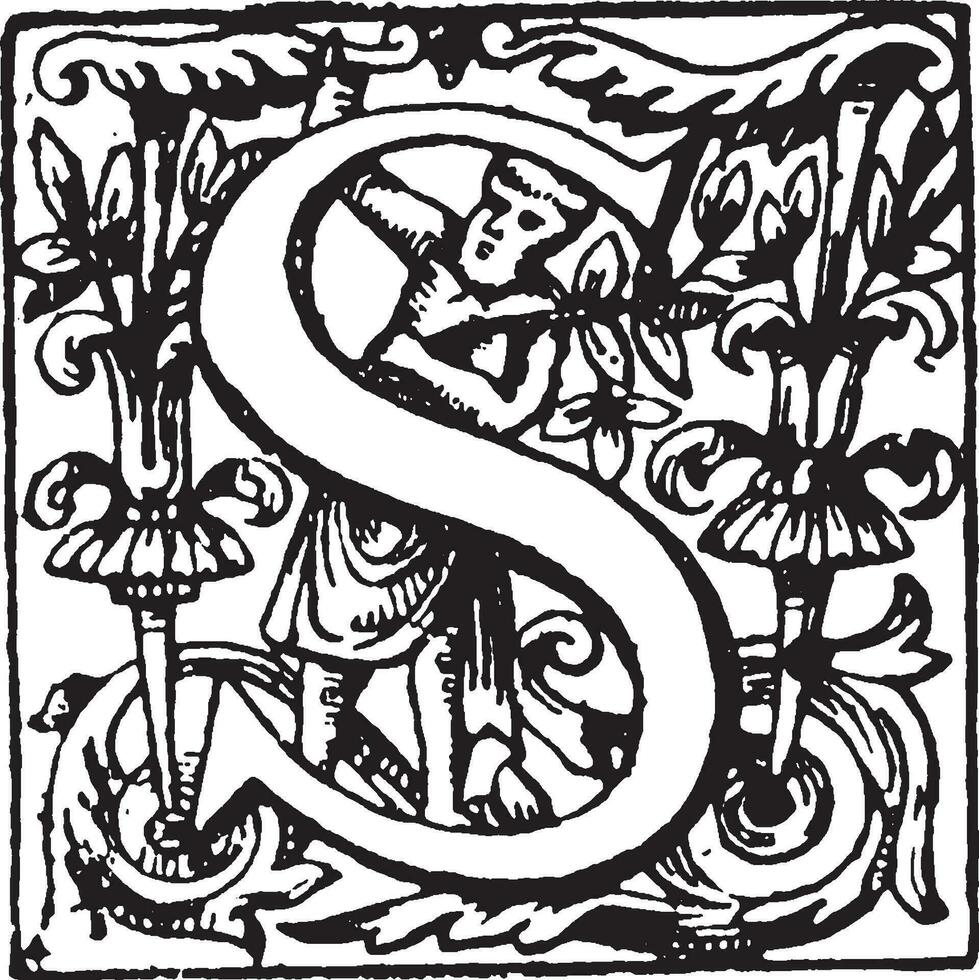 S, Ornate initial, vintage illustration vector