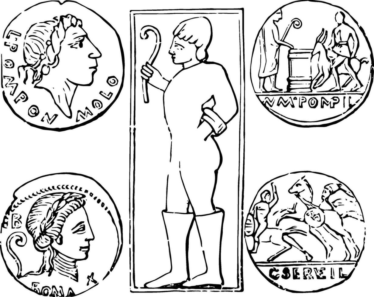 Sculpture and coins vintage illustration. vector