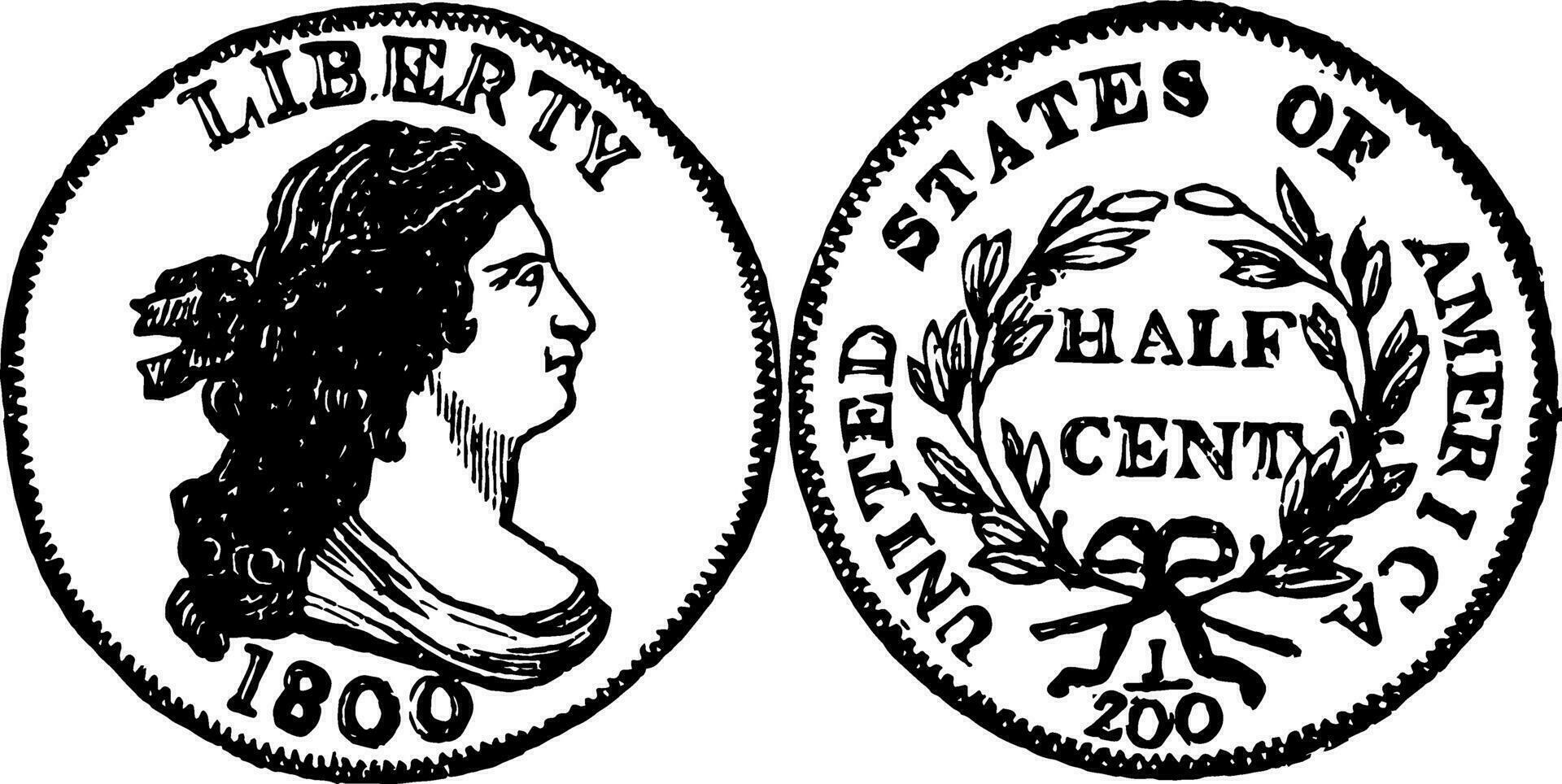 Copper Half Cent Coin, 1800 vintage illustration. vector