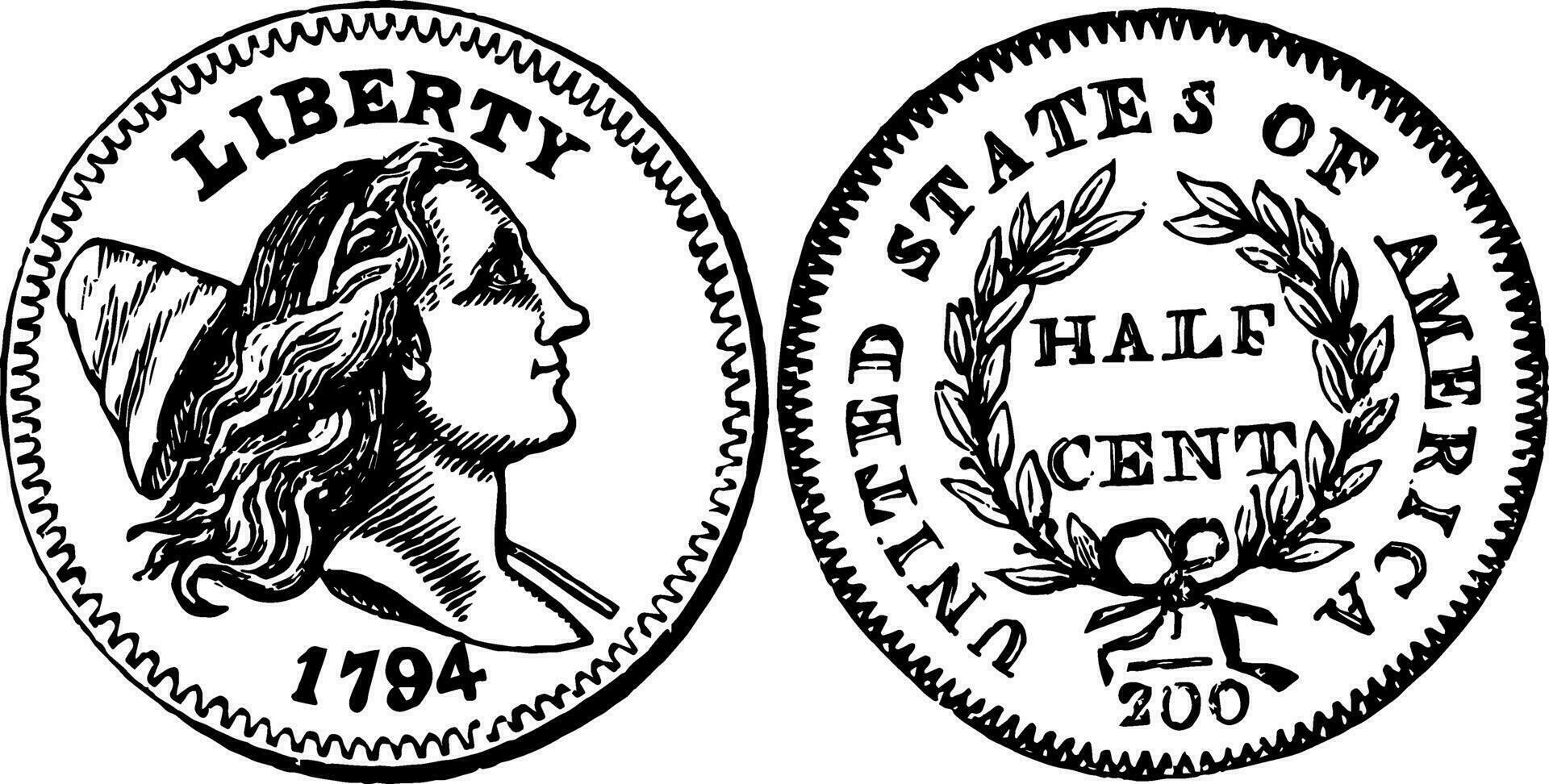 Copper Half Cent Coin, 1794 vintage illustration. vector