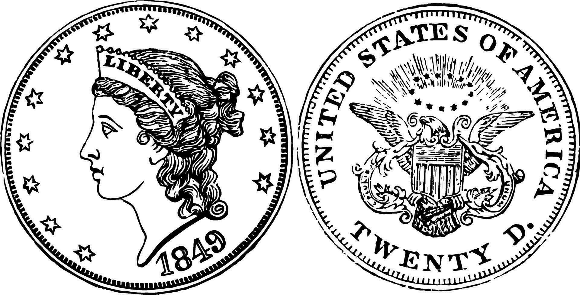 oro doble águila moneda, 1849 Clásico ilustración. vector