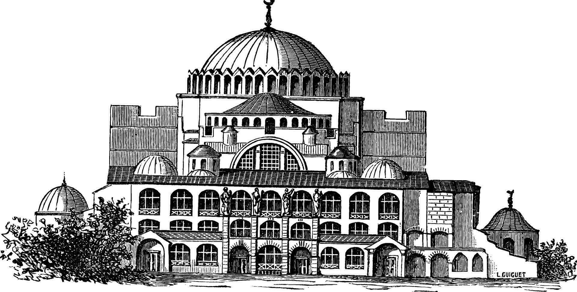 Hagia Sophia in Istanbul, Turkey, vintage engraving vector