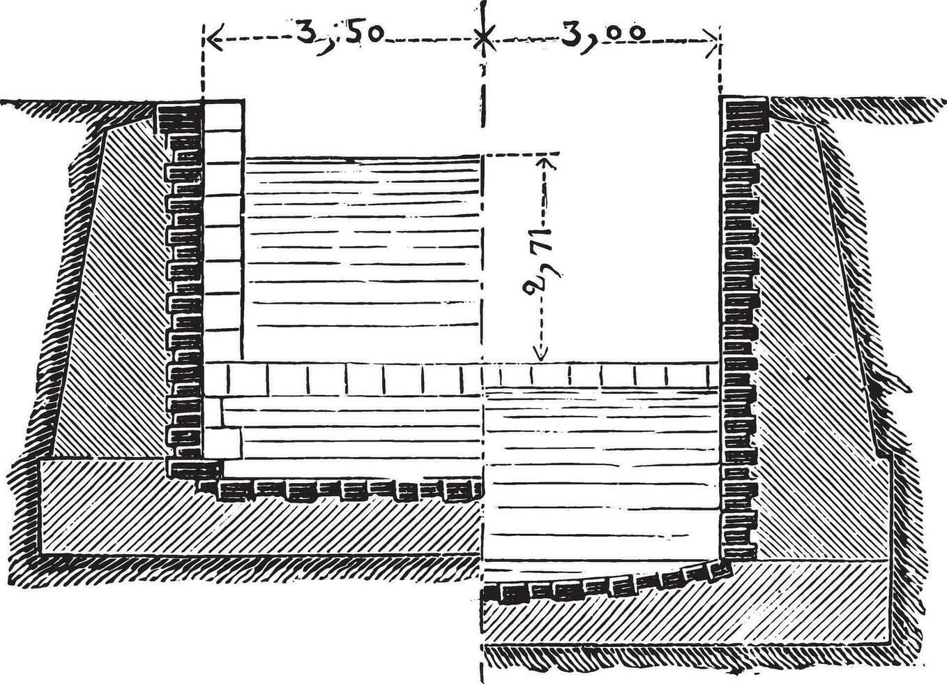 Transverse half-sections of a sluice lock, vintage engraving. vector