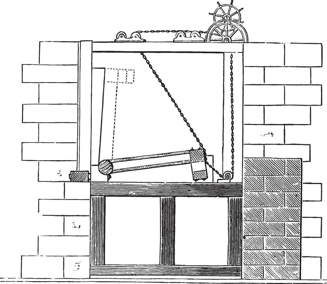 Sluice gate of the Erie Canal, vintage engraving. vector