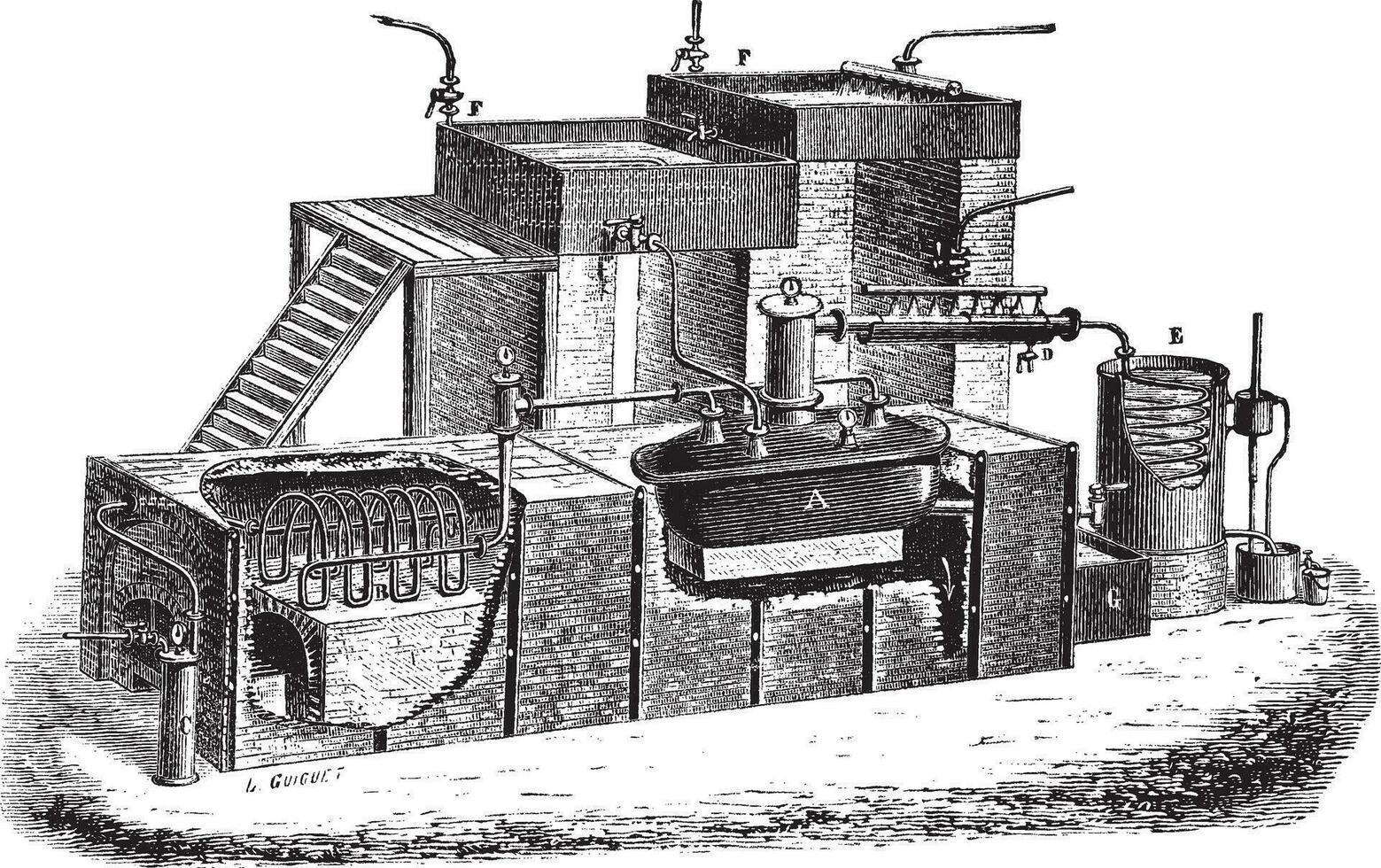 The Dutch type water distillation apparatus vintage engraving vector