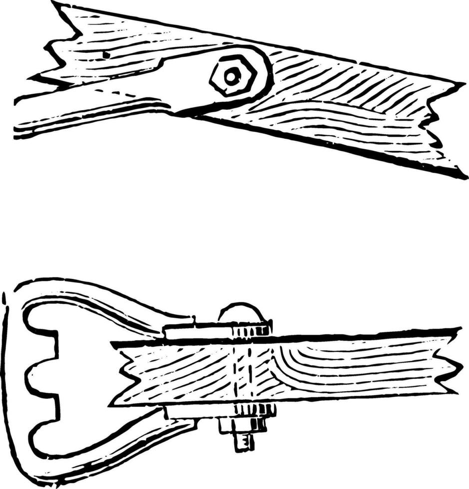 Elevation and plan of the ratchet ring regulators which attaches the pull rod, vintage engraving. vector