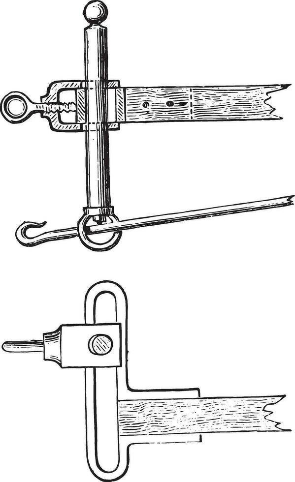 Elevation, section and plan of a complete regulator slide and triangle, vintage engraving. vector