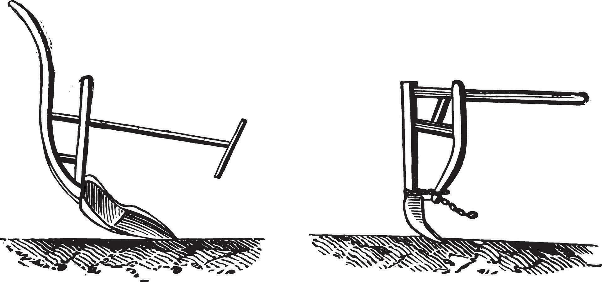 Fig no 820 Chinese plow arm, Fig no 821 Chinese plow paddy field, vintage engraving. vector