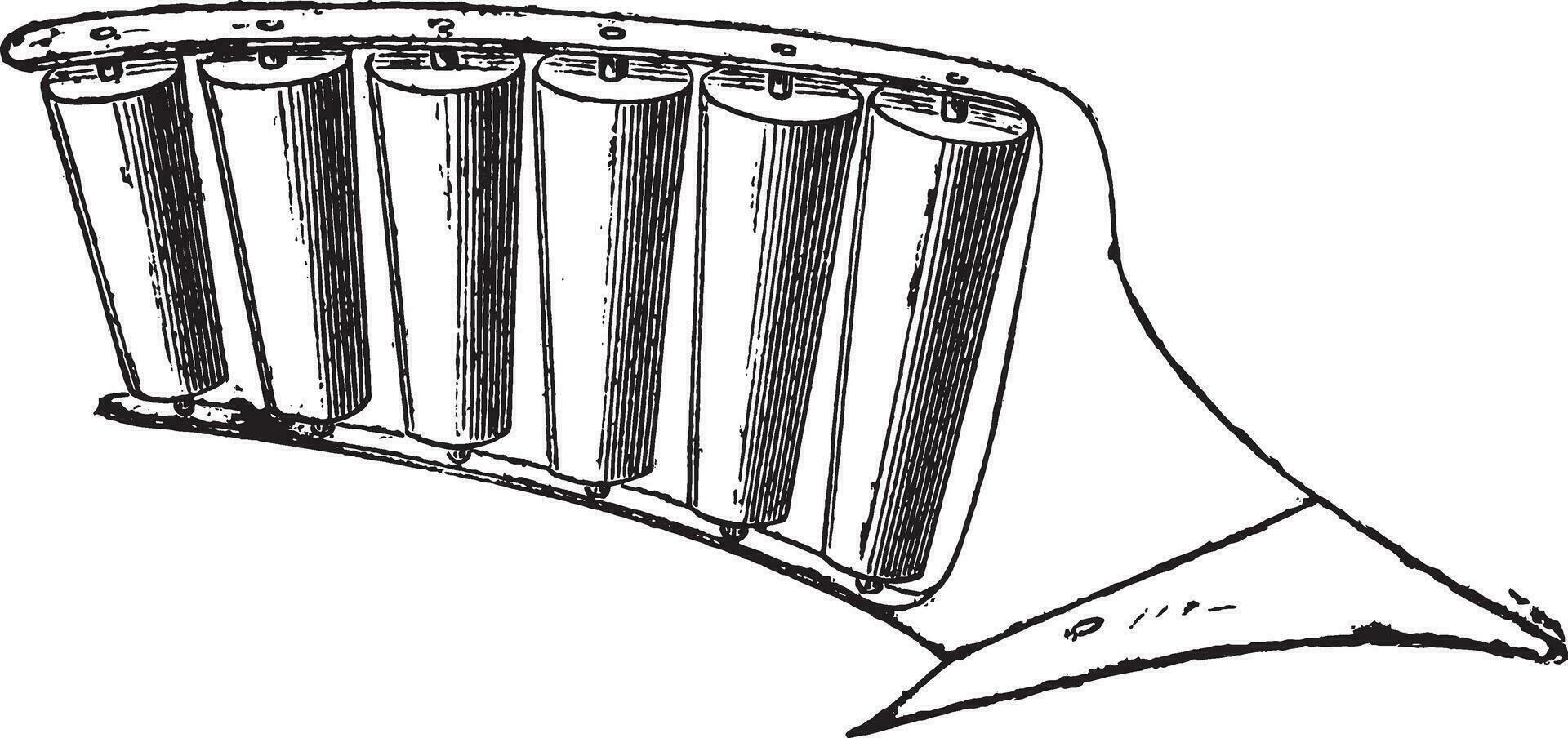 vertedera del arado con afilado rodillos, Clásico grabado. vector