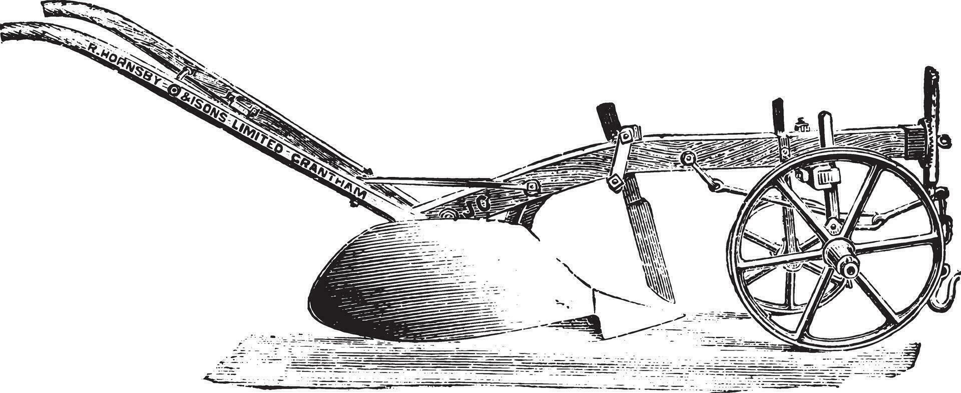 Old wooden plow of R. Hornsby, vintage engraving. vector