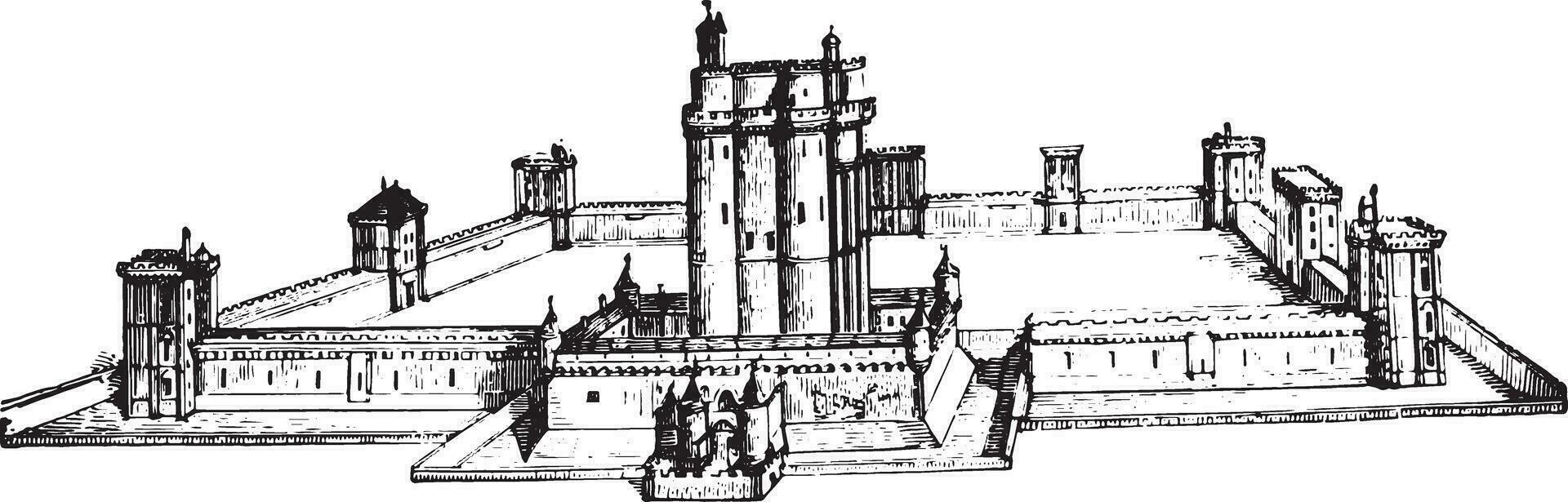 Chateau de Vincennes as it was still in the seventeenth century, vintage engraving. vector