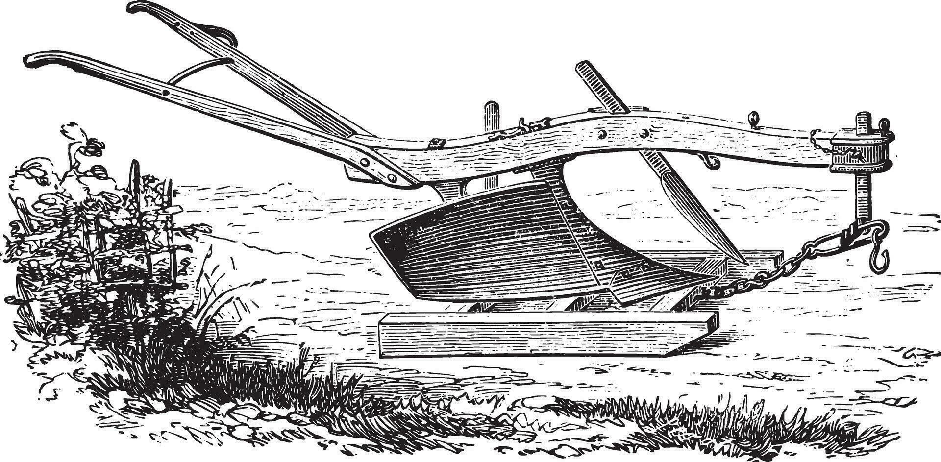 Dombasle plow in plow on his sled, vintage engraving. vector