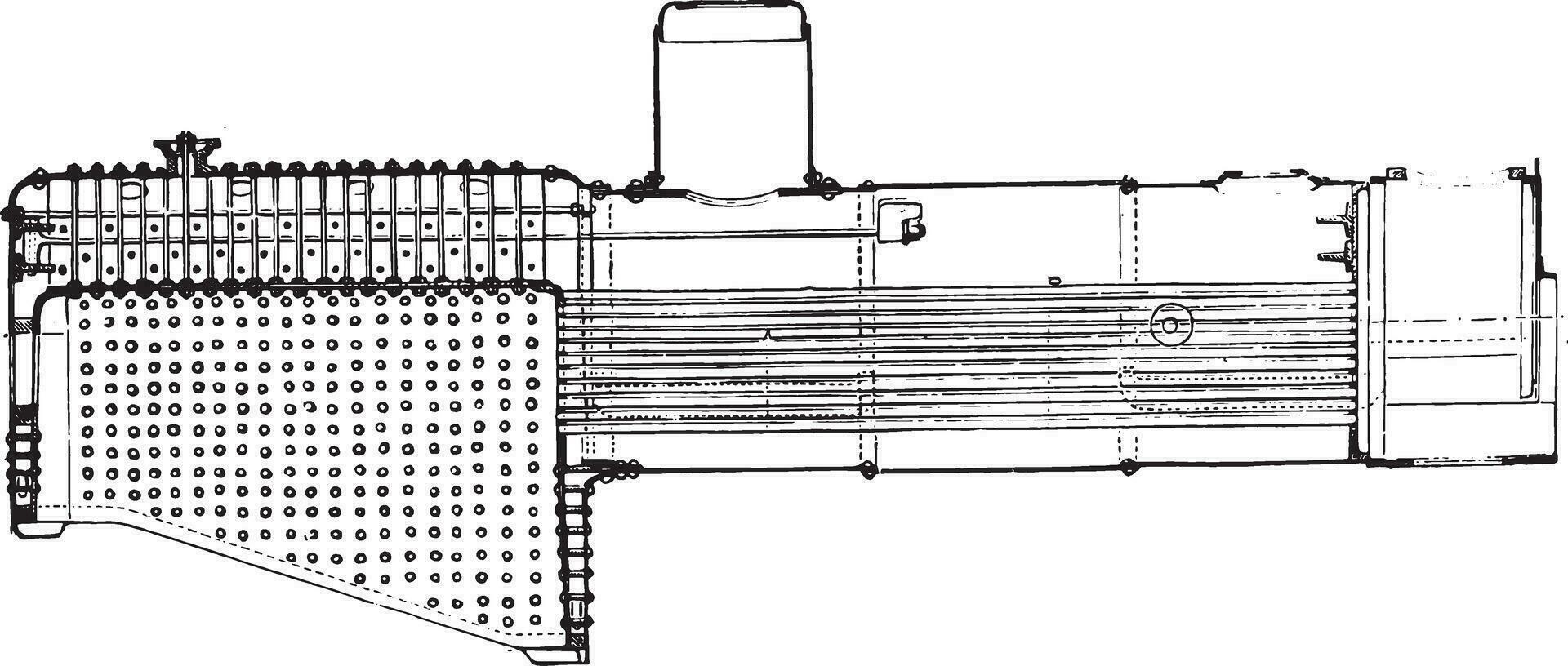 Longitudinal section of the boiler of the express locomotive Northern Railway which appeared at the 1878 Exhibition, vintage engraving. vector