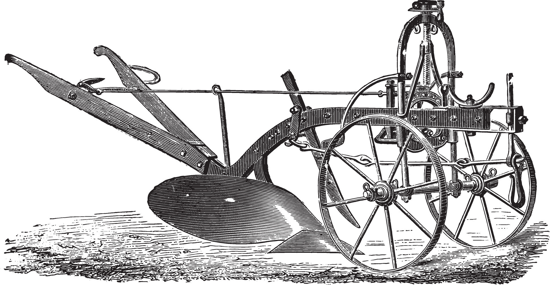 Wheeled plow with iron age, Didelot abbe, vintage engraving. 35073944