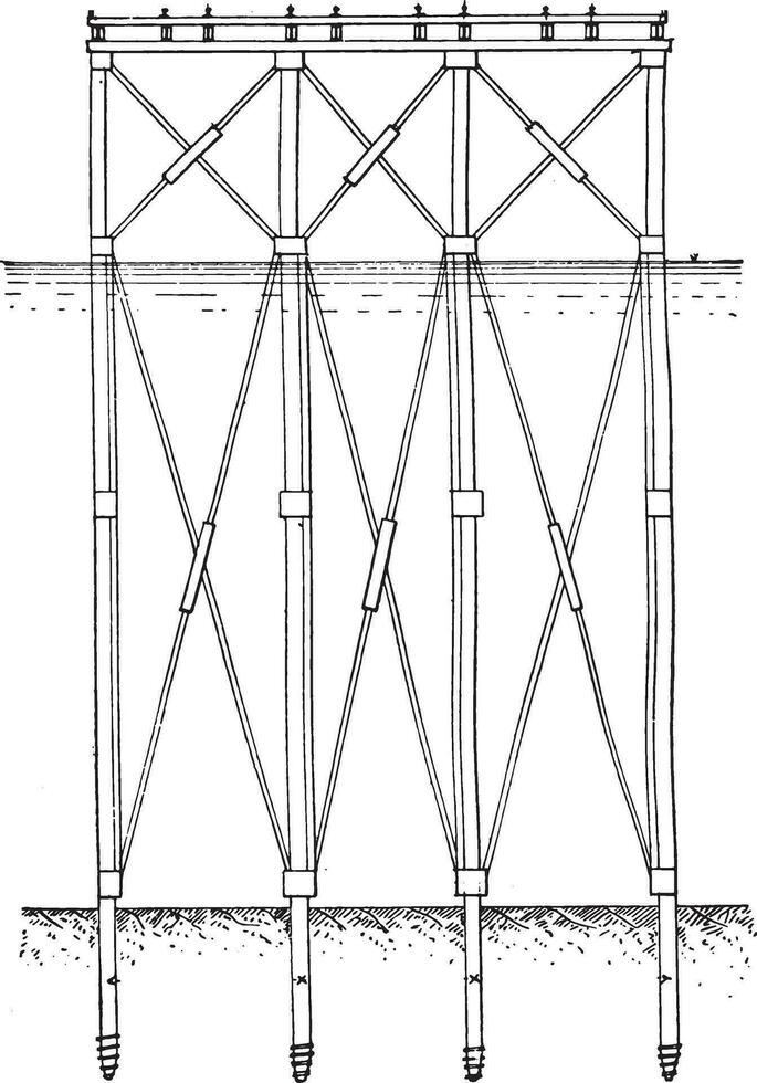 cruzar sección de el muelle cotonú, Clásico grabado. vector