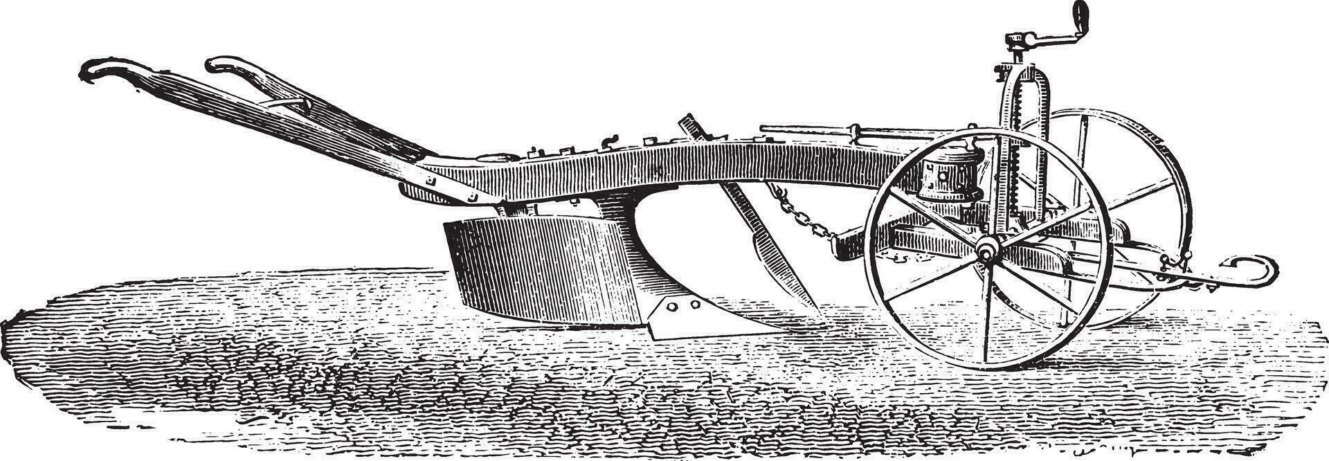 Dombasle plow with his limber, vintage engraving. vector