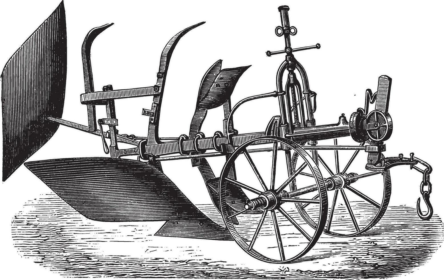 Double plough subsoiler of Bajac-Delahaye, vintage engraving. vector