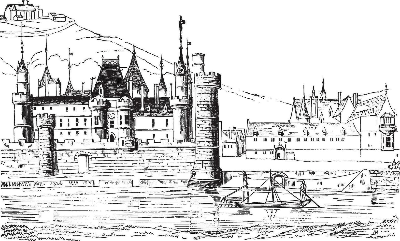 The Louvre under Philip Augustus, vintage engraving. vector