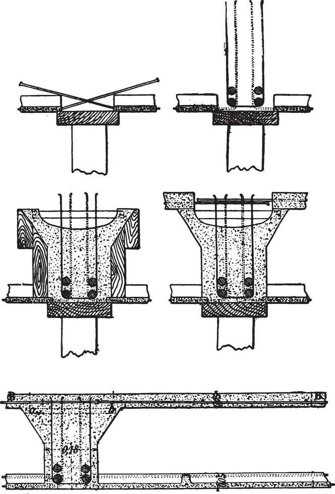 The five main periods of drawing up a floor, Hennebique system, vintage engraving. vector