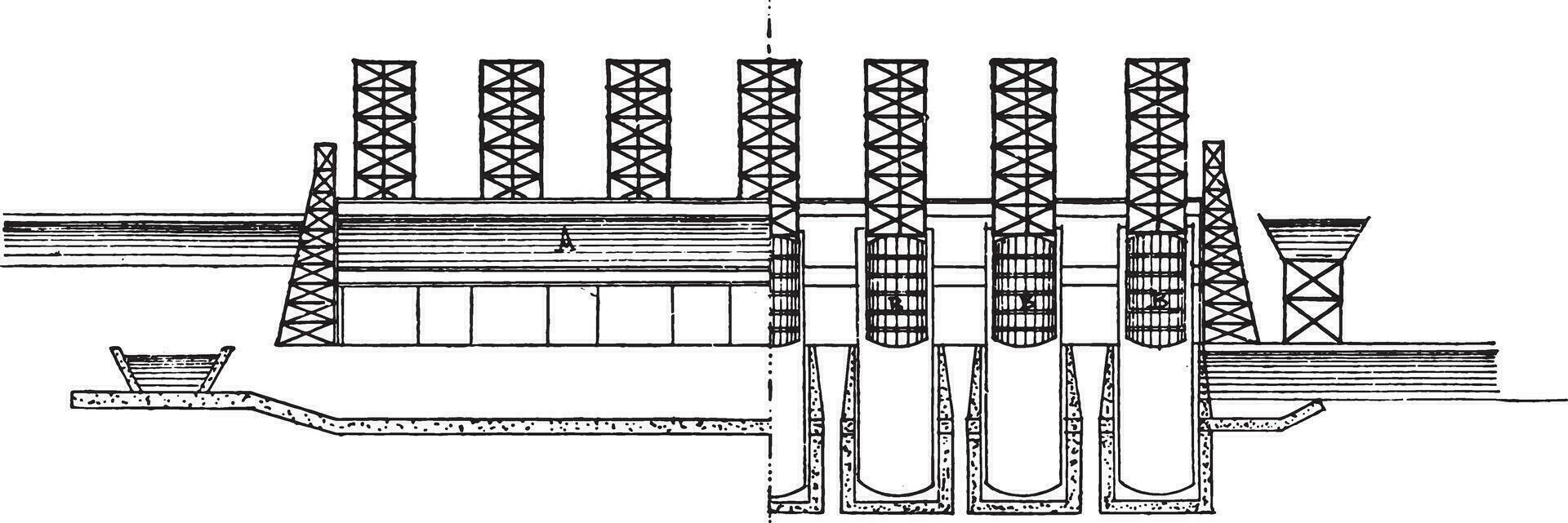 Elevator floats, On the left half longitudinal section, right half elevation, vintage engraving. vector
