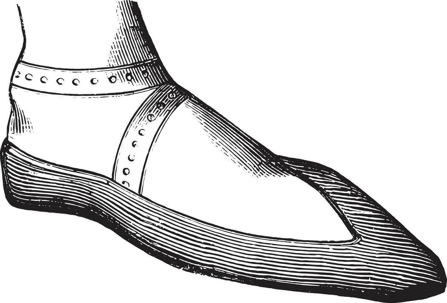 Woman's shoe in the twelfth century, after the grass, vintage engraving. vector