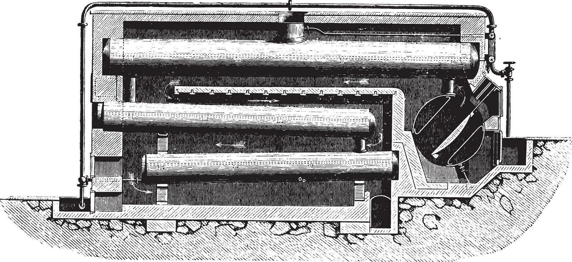 Boiler Eyscher and Whis Ten-Brink has fireplace, vintage engraving. vector