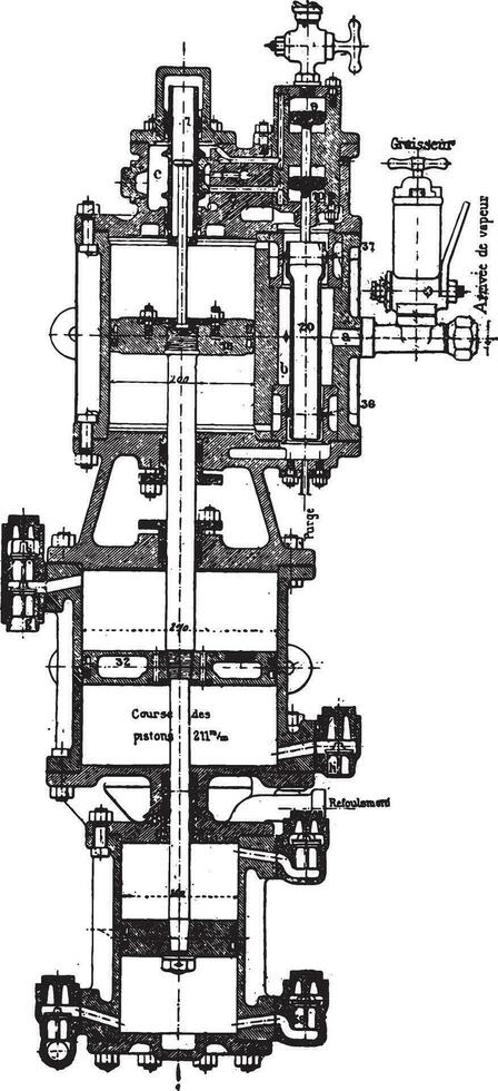 Compression pump Fives Lille, vintage engraving. vector