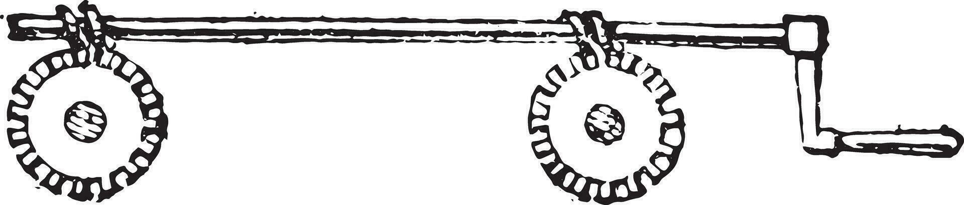Mechanism simultaneous settlement of two screws, vintage engraving. vector