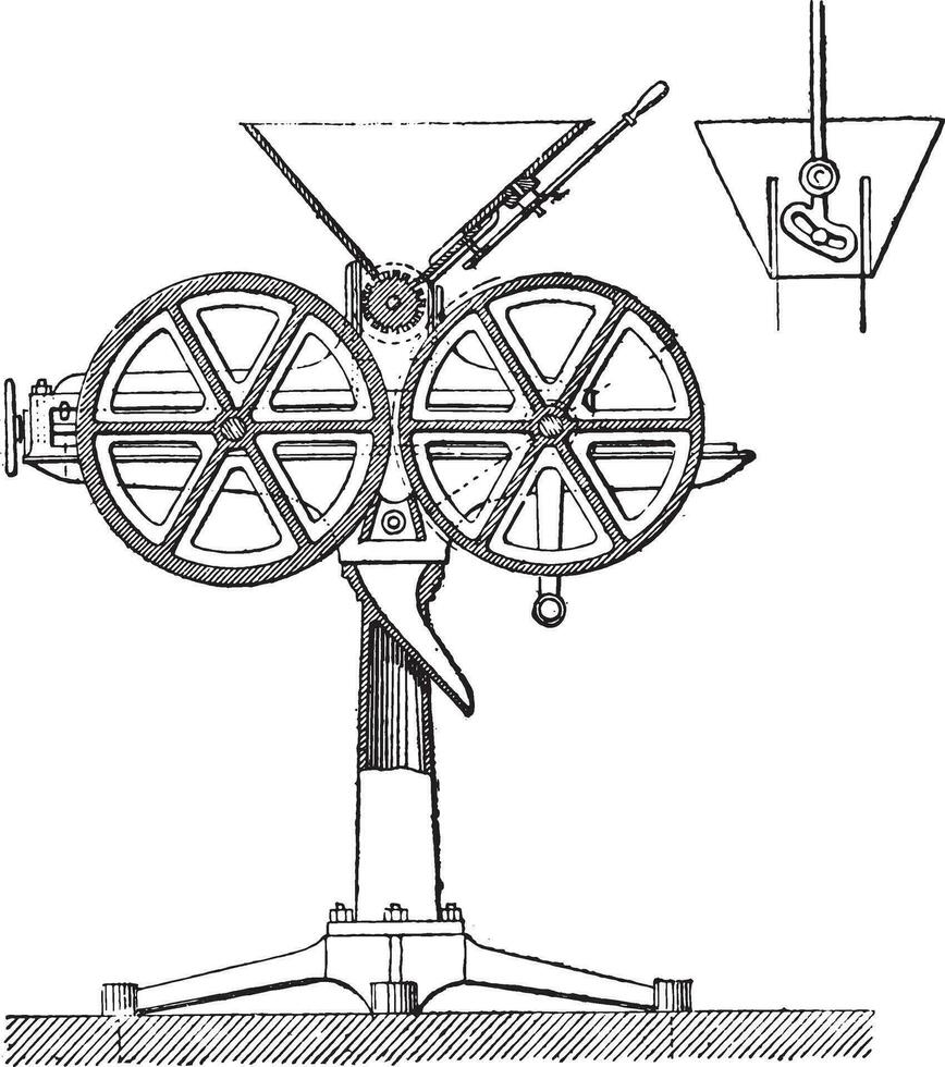 Section of the flattener Ransome and the settlement mechanism of the valve, vintage engraving. vector