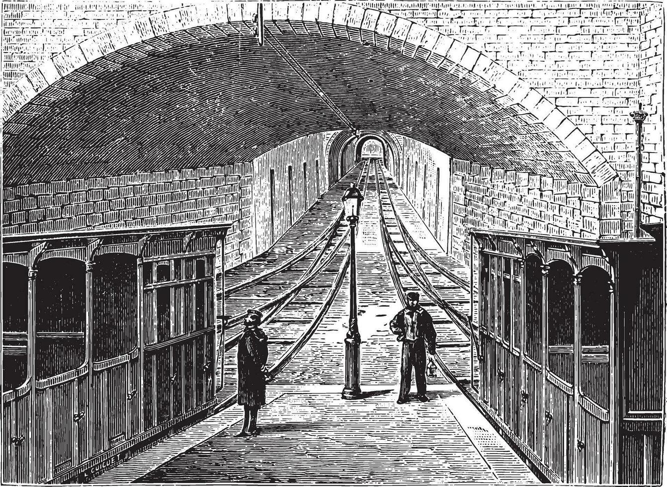 View the funicular railway La Croix-Rousse in Lyon, vintage engraving. vector