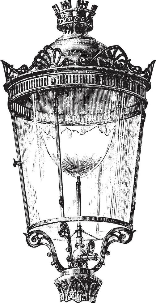 Lantern with intensive gas nozzle for lighting the streets of Paris in 1878, vintage engraving. vector