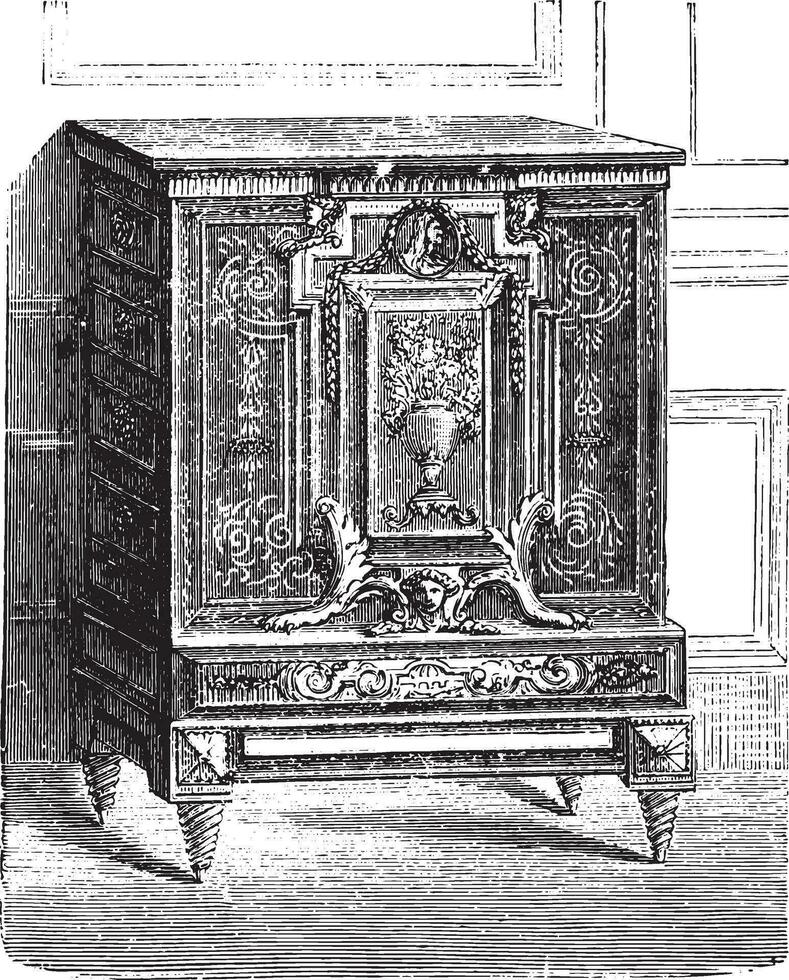 Furniture breast high inlaid ebony, Charles Boulle Louvre, vintage engraving. vector