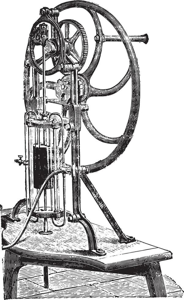 Mr. Deleuil pneumatic machine, vintage engraving. vector