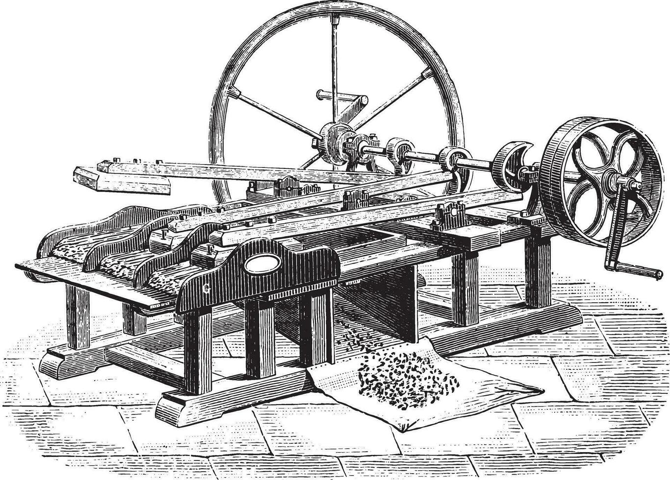 Gin flax Legris system, vintage engraving. vector