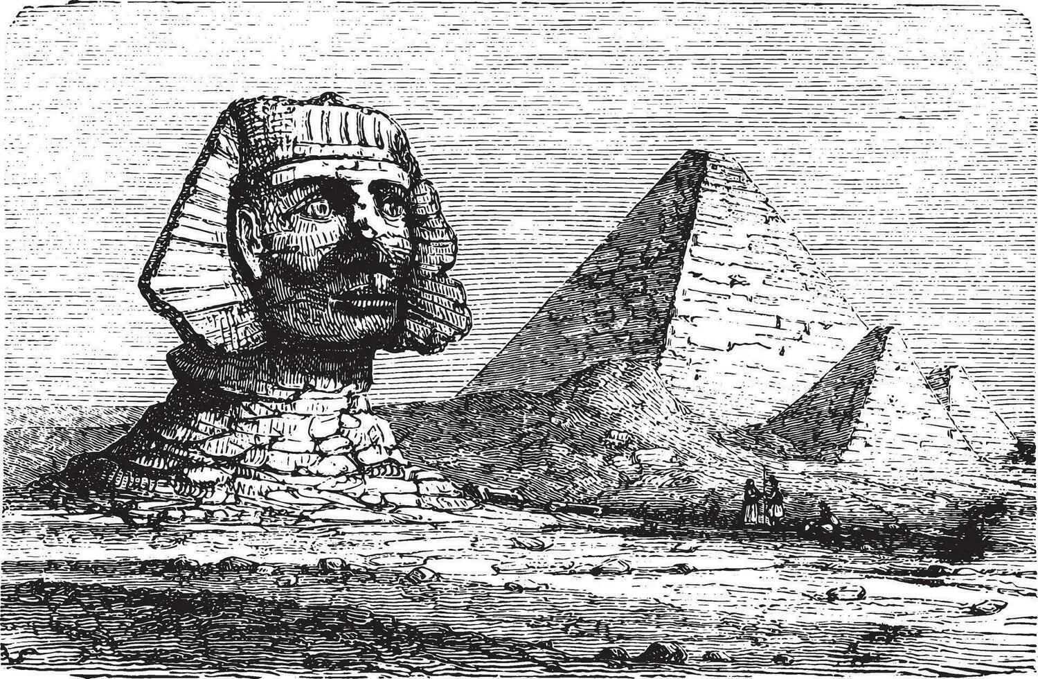 pirámides de giza y el genial esfinge, Clásico grabado. vector