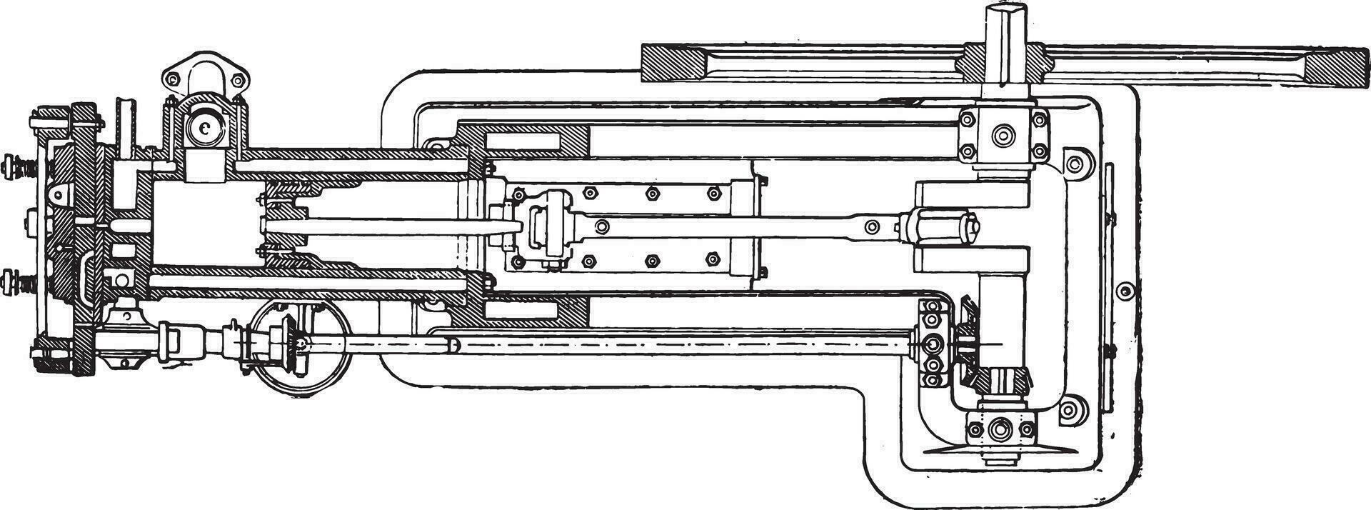 Otto engine in plan and horizontal sectional view along the cylinder axis, vintage engraving. vector