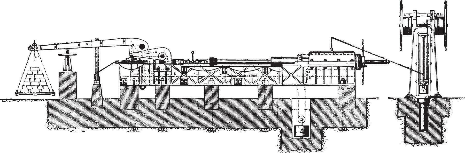 Testing machine tensile strength of 100 tons, vintage engraving. vector