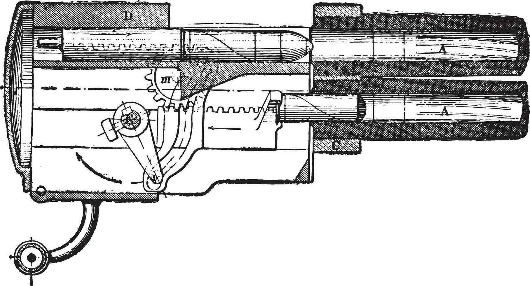 Longitudinal section of the Hotchkiss gun-revolver mechanism, vintage engraving. vector