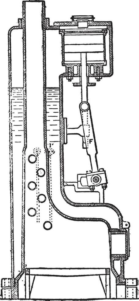 Davey engine. Vertical section through the cylinder of the boiler, vintage engraving. vector