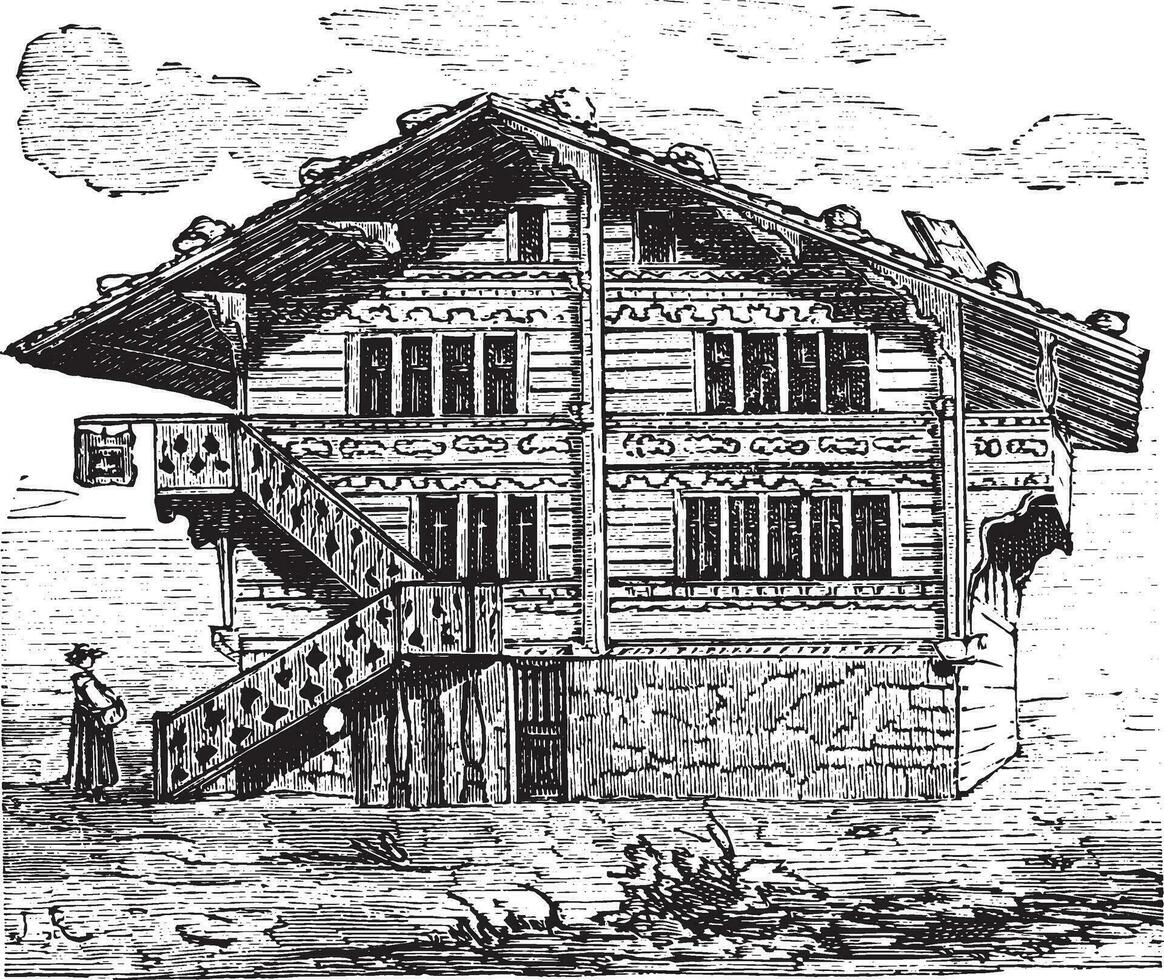 House, Swiss Chalet, vintage engraving. vector