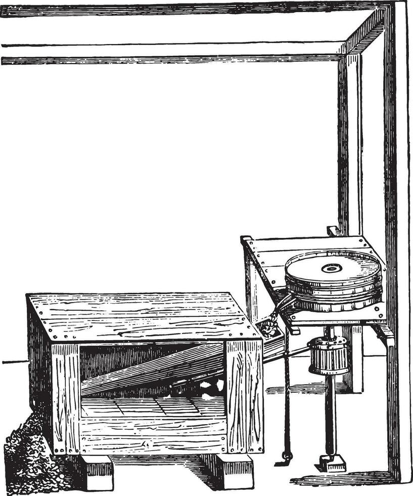 Mechanical sifter invented around 1552, after the Faust Veranzio, vintage engraving. vector