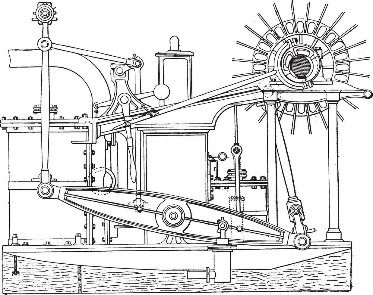 View of an old beam engine, vintage engraving. vector