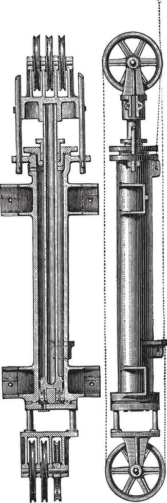 Funicular engine, compressed water and dual power, vintage engraving. vector