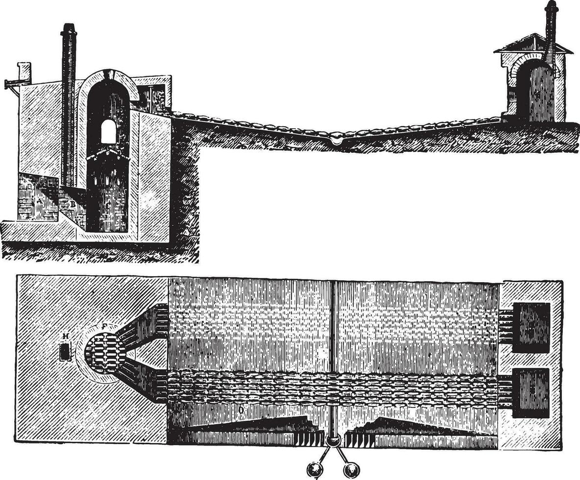 Four Almaden for the extraction of mercury, vintage engraving. vector