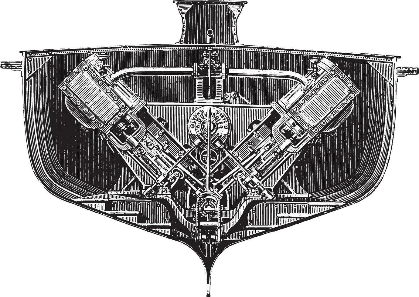 Layout of machines of the bus boats Company of Paris service. front view, vintage engraving. vector