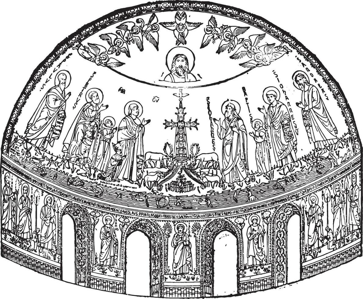 Apse of the basilica of St. John Lateran in Rome, executed in mosaic Jacopo Torriti the thirteenth century, vintage engraving. vector